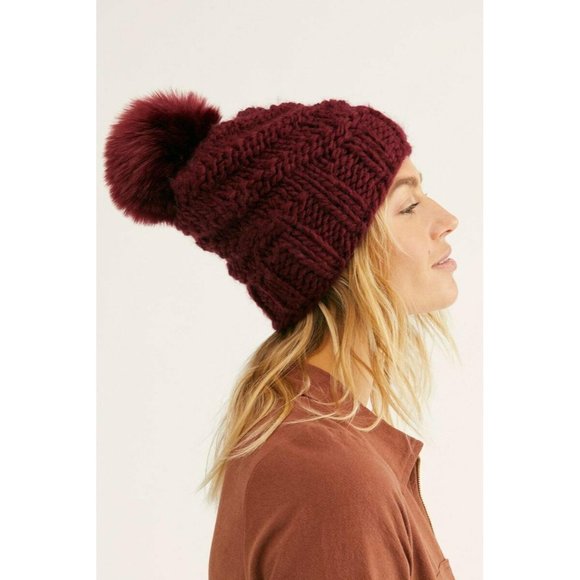 NEW Free People High Line Knit Pom Pom Beanie Hat Maroon Winter Fleece Lined